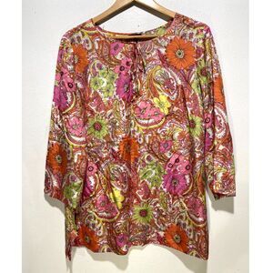 Talbots 100% silk blouse colorful fall orange pink casual comfy festive women 2X